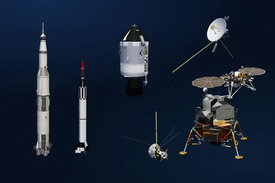 The CKC fleet: Saturn V, Mercury-Redstone, Apollo CSM and LM, Voyager, Cassini, InSight