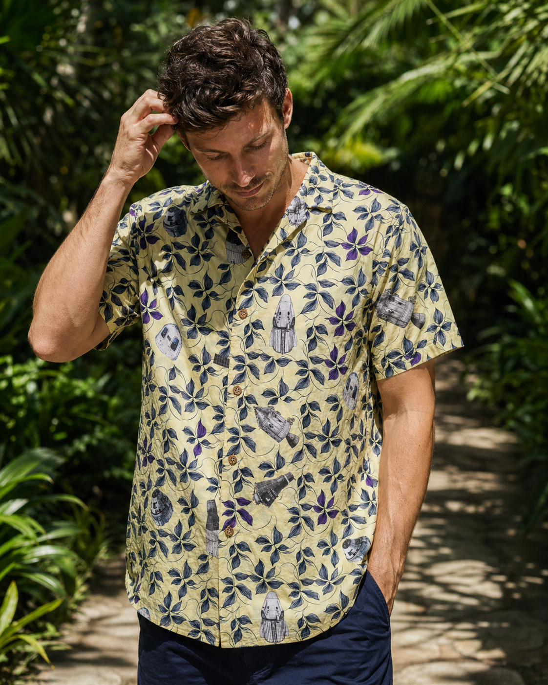 Space Capsules Hawaiian Shirt -Yellow - Cape Kennedy Clothing 