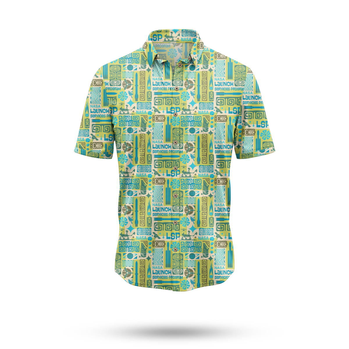 Aloha LSP Hawaiian shirt, front — tropical florals with the Launch Services Program logo