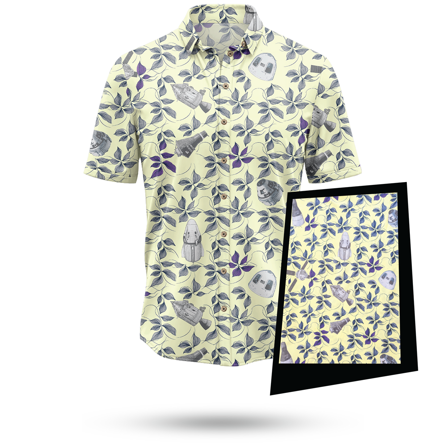 Short-sleeve shirt with a floral and ghost pattern on a white background