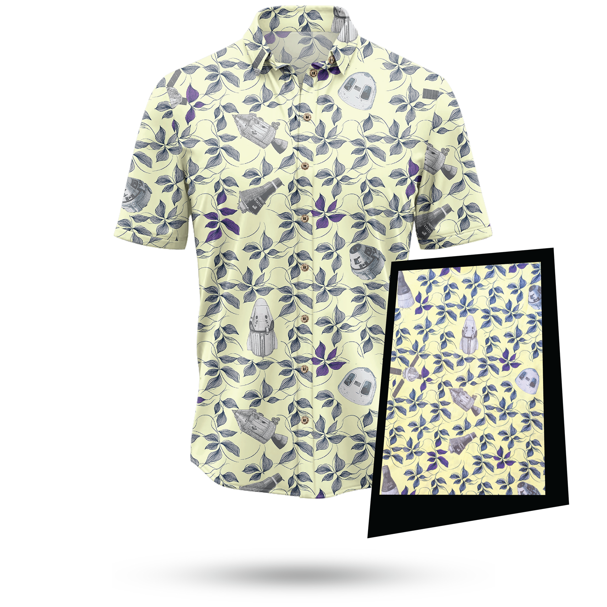 Short-sleeve shirt with a floral and ghost pattern on a white background