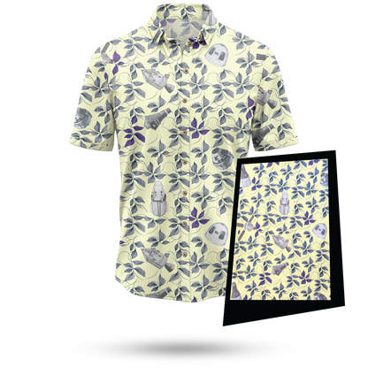 Short-sleeve shirt with a floral and ghost pattern on a white background