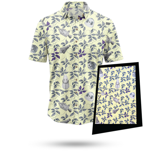 Short-sleeve shirt with a floral and ghost pattern on a white background