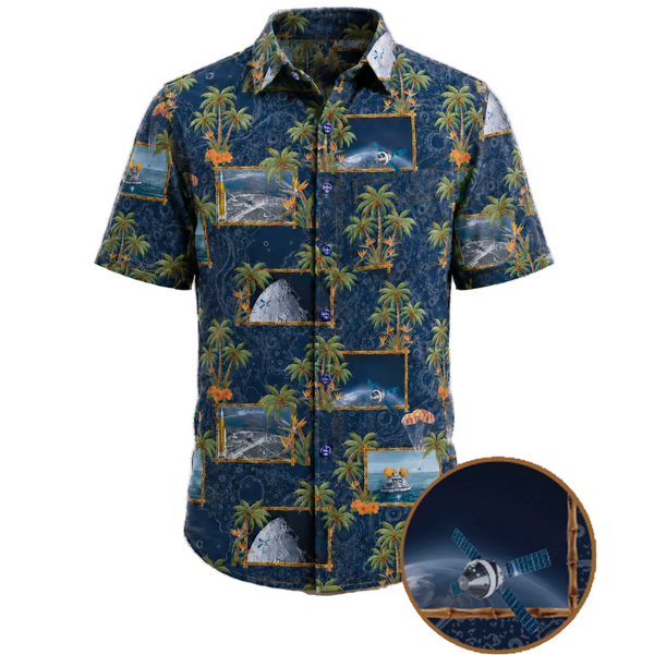 Project Artemis Hawaiian shirt - SLS Moon rocket all-over print on an ash background